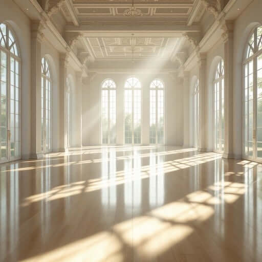 Main dance hall with high ceilings and mirrors